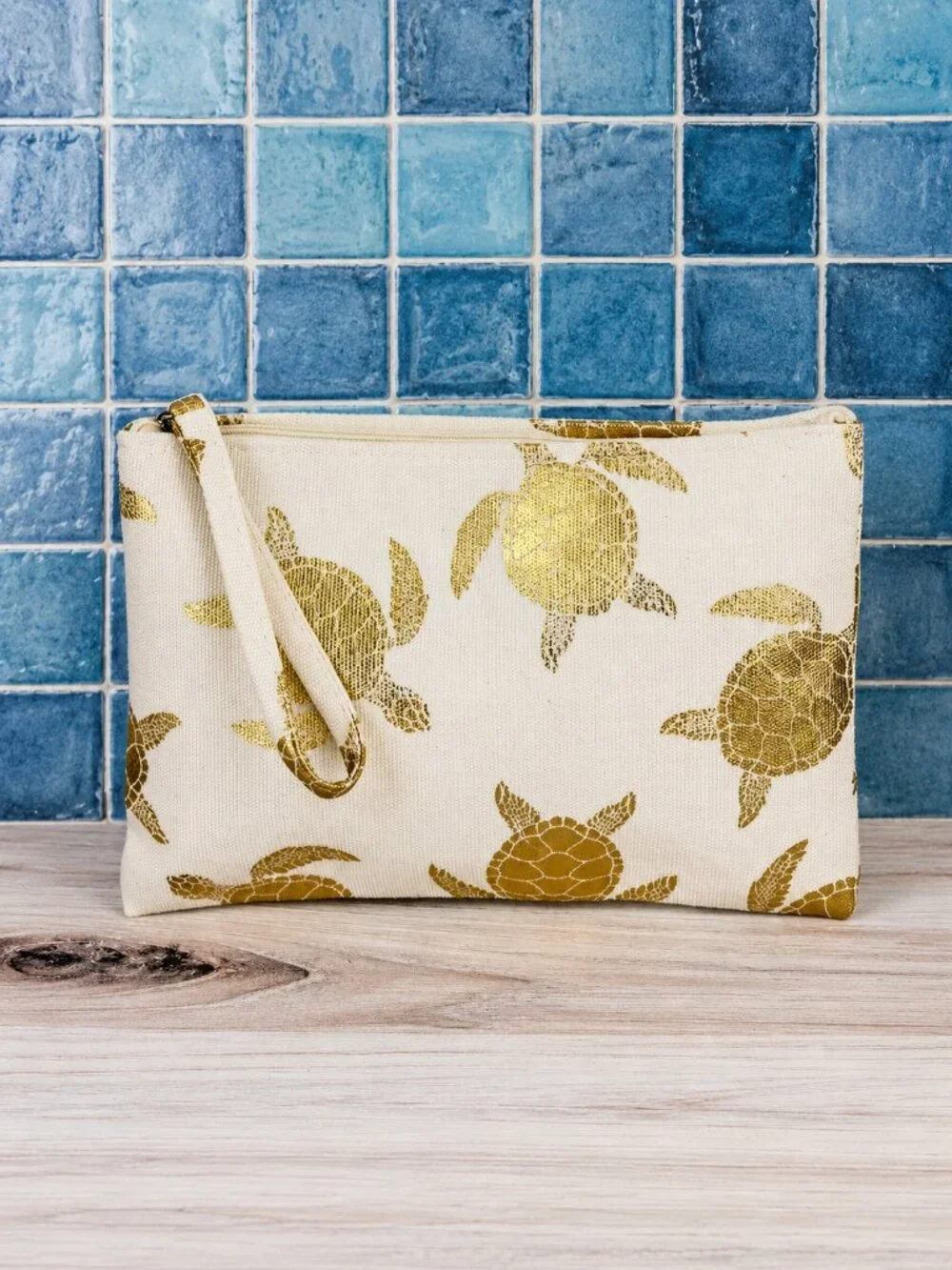 Sea Turtle Wristlet Pouch Ivory Gold Metallic Beach Cosmetic Travel Clutch NWT